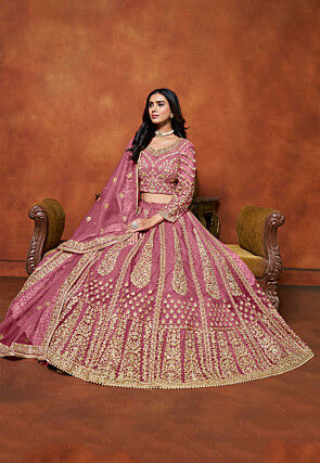 Embroidered Net Lehenga in Pink