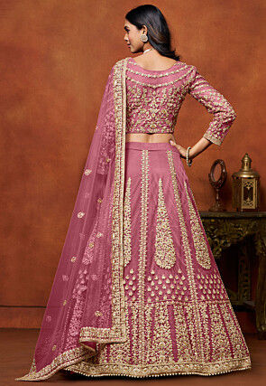 Embroidered Net Lehenga in Pink