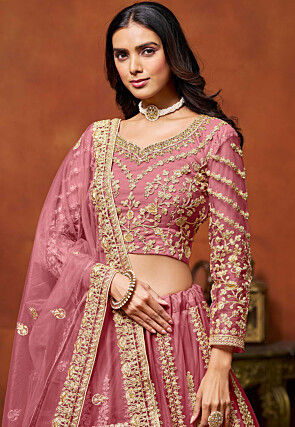 Embroidered Net Lehenga in Pink