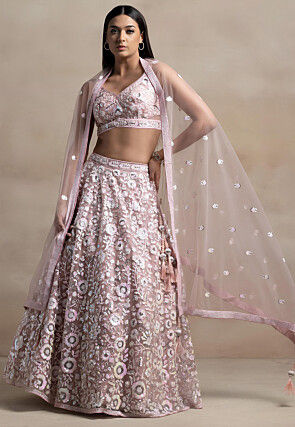 Embroidered Net Lehenga in Pink