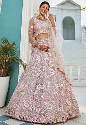 Embroidered Net Lehenga in Pink