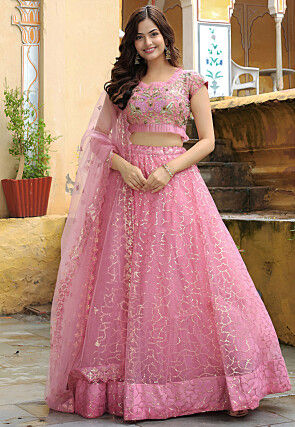 Embroidered Net Lehenga in Pink