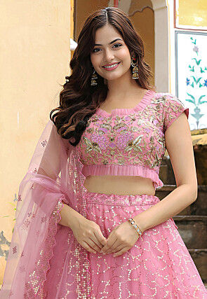 Embroidered Net Lehenga in Pink