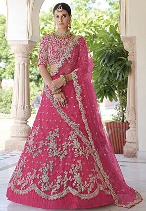 Embroidered Net Lehenga in Pink