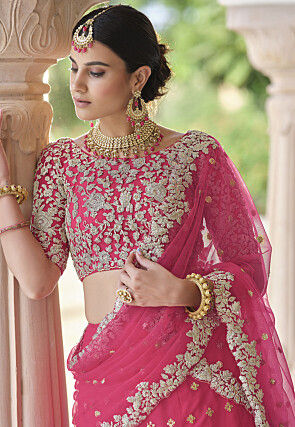 Embroidered Net Lehenga in Pink