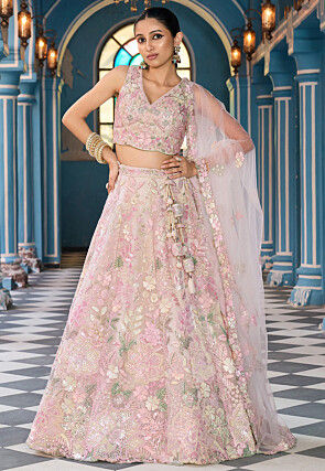 Embroidered Net Lehenga in Pink