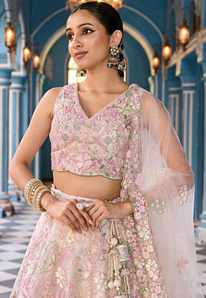 Embroidered Net Lehenga in Pink