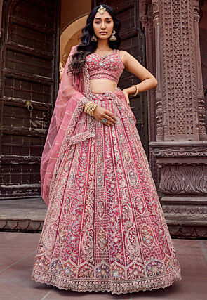 Embroidered Net Lehenga in Pink