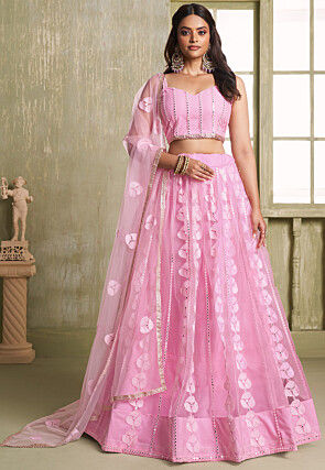 Embroidered Net Lehenga in Pink