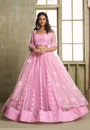 Embroidered Net Lehenga in Pink