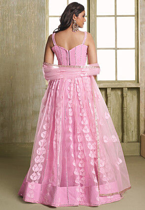 Embroidered Net Lehenga in Pink