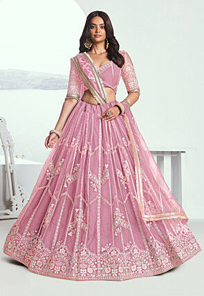 Embroidered Net Lehenga in Pink