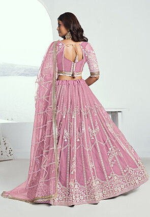 Embroidered Net Lehenga in Pink