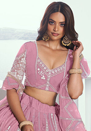 Embroidered Net Lehenga in Pink