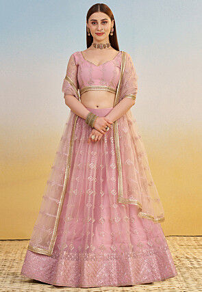 Embroidered Net Lehenga in Pink
