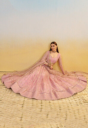 Embroidered Net Lehenga in Pink