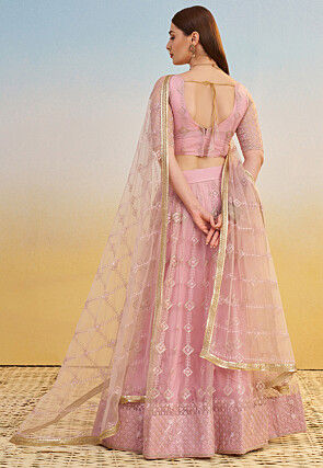 Embroidered Net Lehenga in Pink
