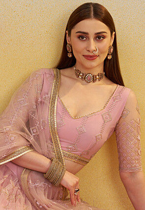 Embroidered Net Lehenga in Pink