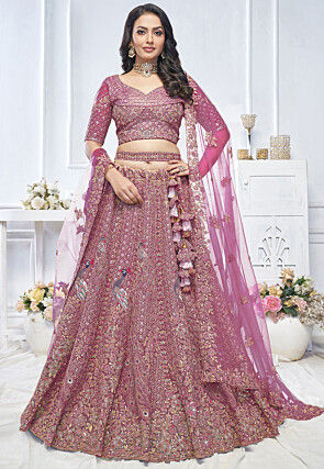Embroidered Net Lehenga in Pink