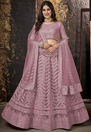 Embroidered Net Lehenga in Pink