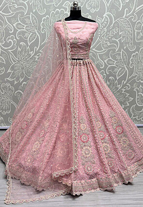 Embroidered Organza Lehenga in Pink