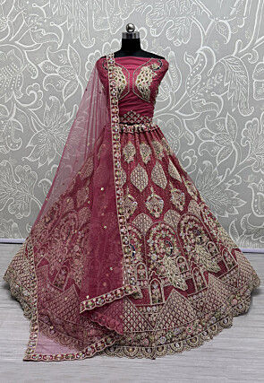 Embroidered Net Lehenga in Pink