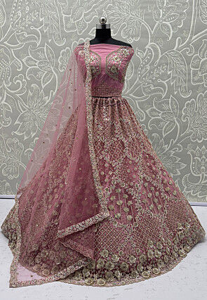 Embroidered Net Lehenga in Pink