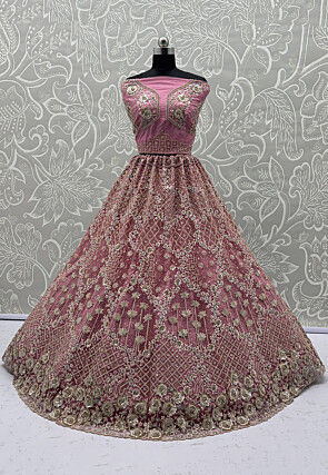 Embroidered Net Lehenga in Pink