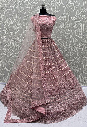 Embroidered Net Lehenga in Pink