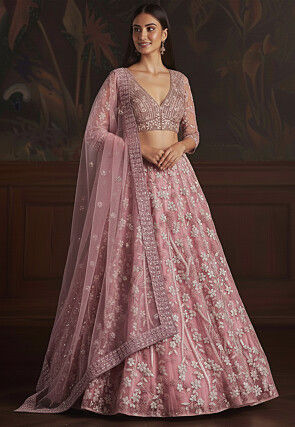 Embroidered Net Lehenga in Pink