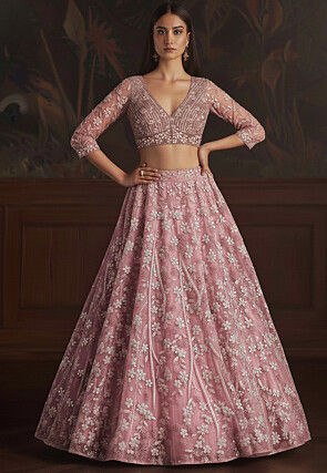 Embroidered Net Lehenga in Pink