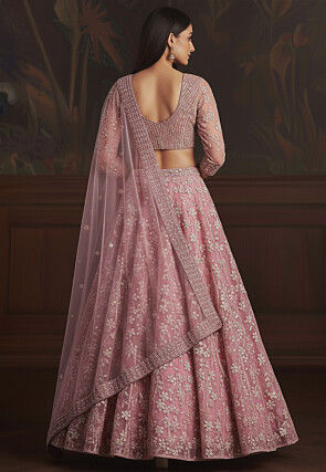 Embroidered Net Lehenga in Pink