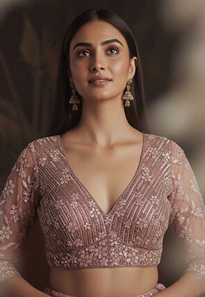 Embroidered Net Lehenga in Pink