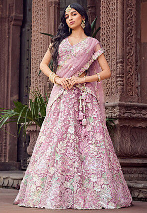 Embroidered Net Lehenga in Pink