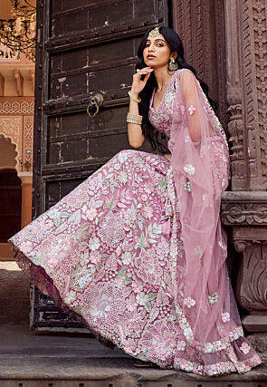 Embroidered Net Lehenga in Pink