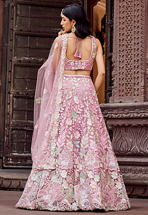 Embroidered Net Lehenga in Pink