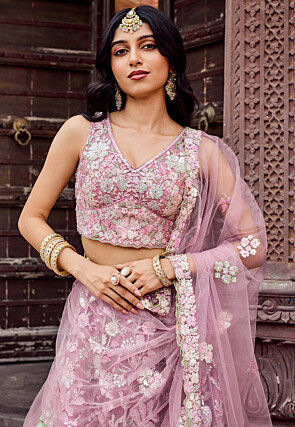 Embroidered Net Lehenga in Pink
