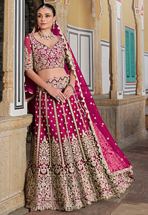 Embroidered Net Lehenga in Pink
