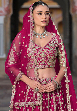 Embroidered Net Lehenga in Pink