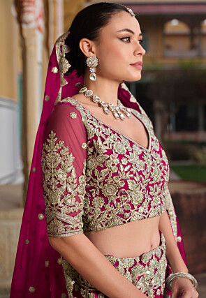 Embroidered Net Lehenga in Pink