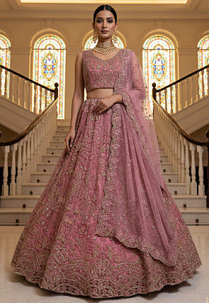 Embroidered Net Lehenga in Pink