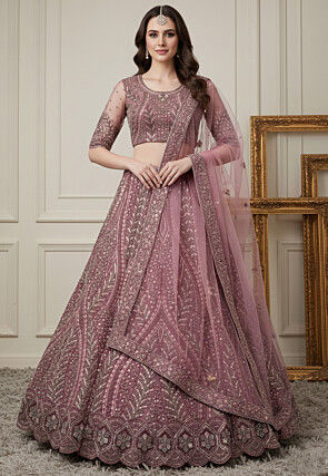 Embroidered Net Lehenga in Pink