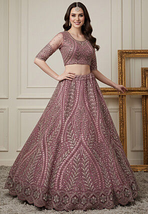 Embroidered Net Lehenga in Pink