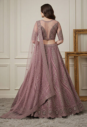 Embroidered Net Lehenga in Pink