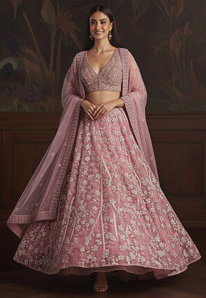 Embroidered Net Lehenga in Pink