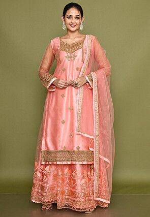 Embroidered Net Lehenga in Pink