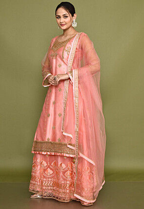 Embroidered Net Lehenga in Pink