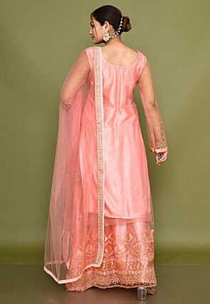Embroidered Net Lehenga in Pink