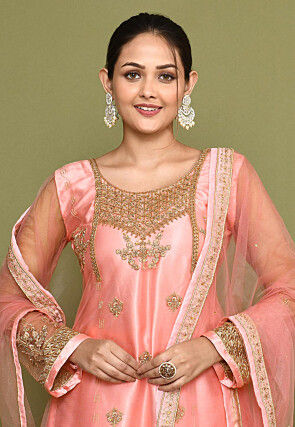 Embroidered Net Lehenga in Pink