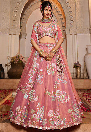 Embroidered Net Lehenga in Pink